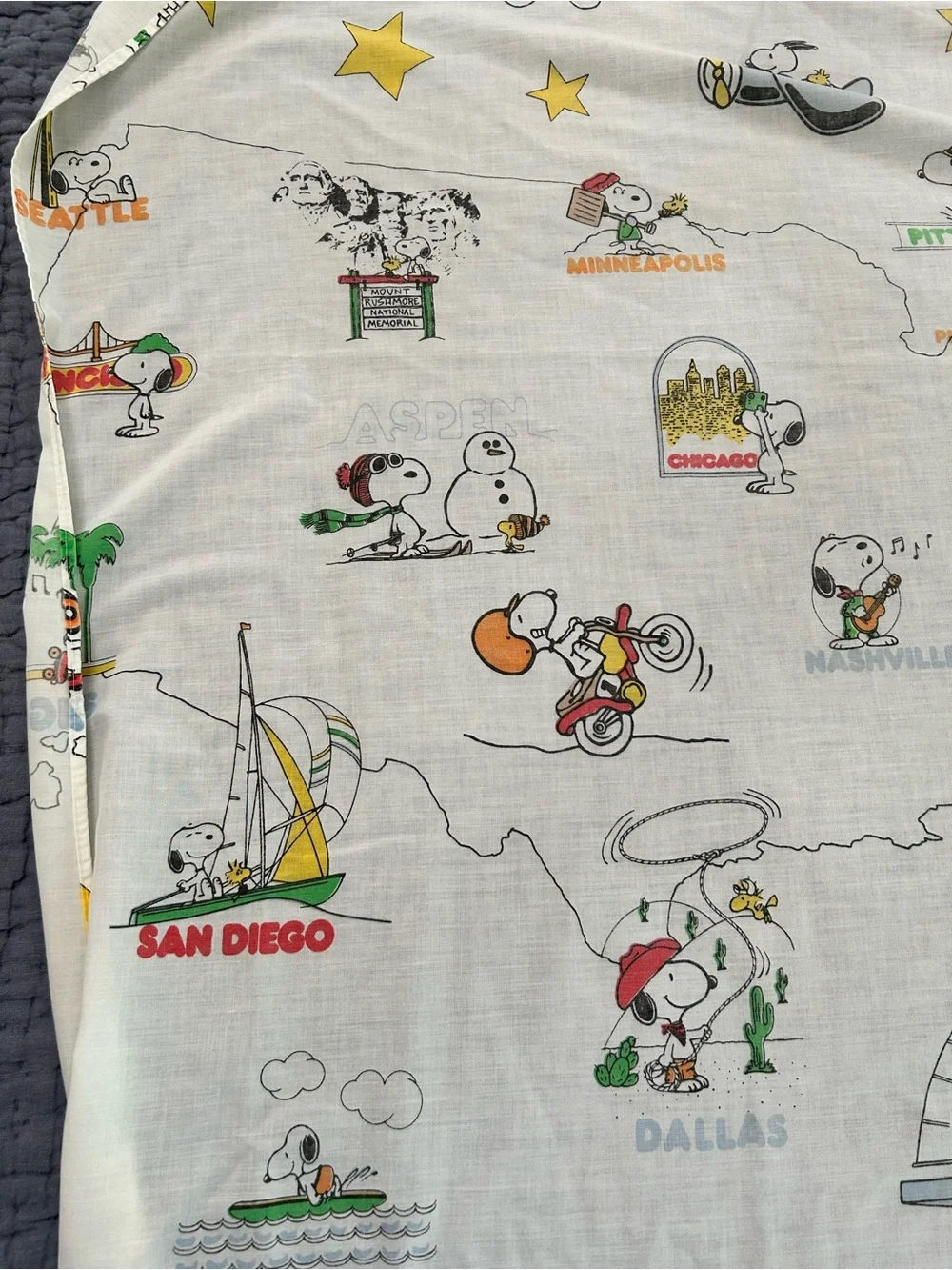 Peanuts ~1970s “See America First” US Cities Vintage Twin Top + Bottom Sheet Set